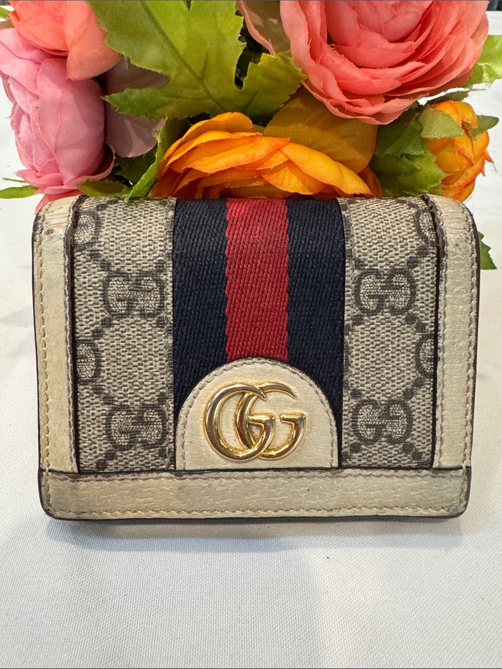 Authentic Gucci GG Canvas Wallet with Red and Blue Web and Gold Logo